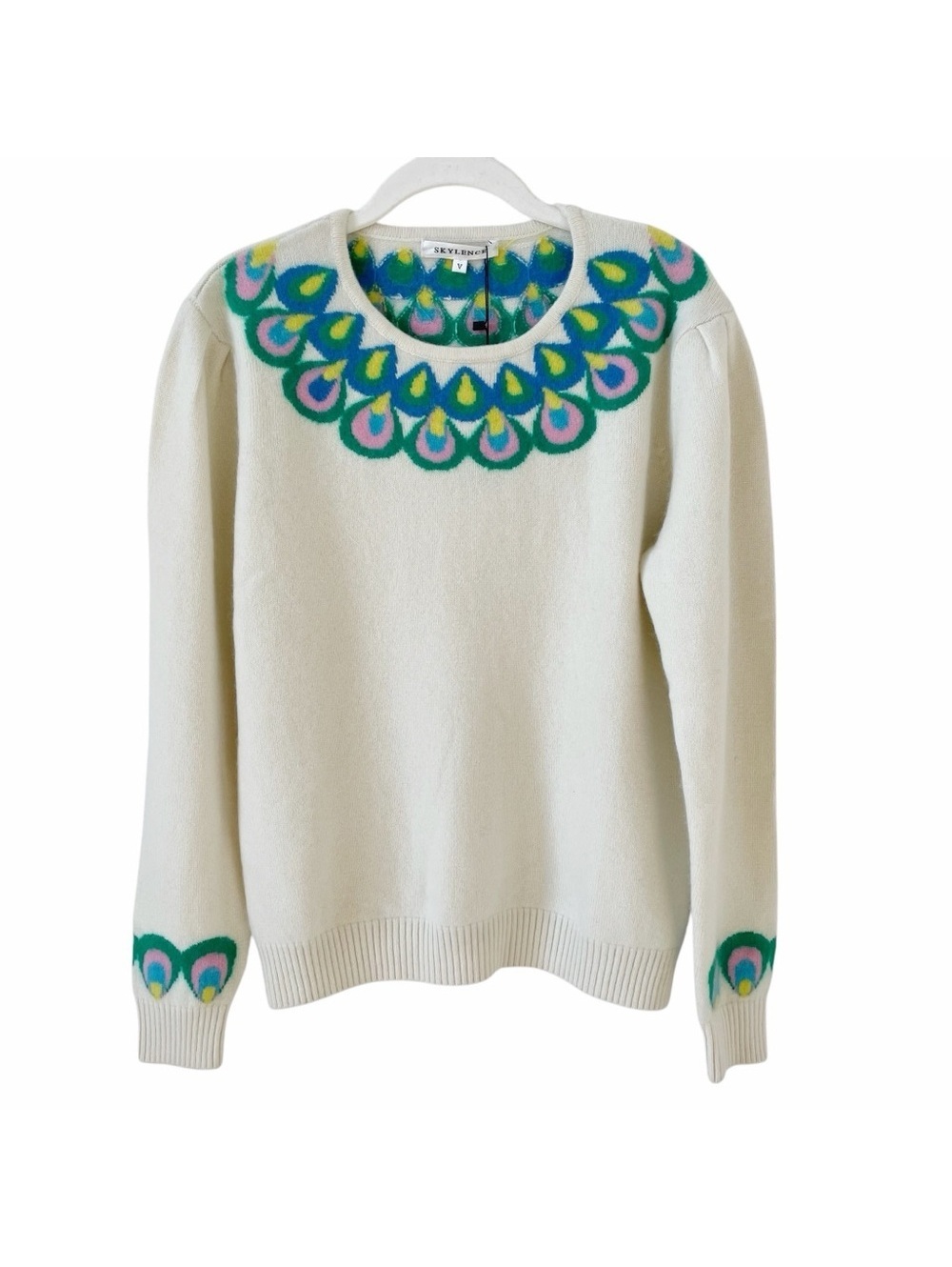 SKYLENCE Qiaochu Cashmere Jumper White Size 10 Peacock Luxury Colorful Designer